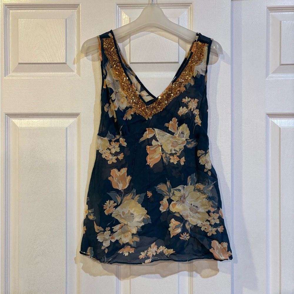 Y2K Banana Republic Navy Floral Chiffon Top